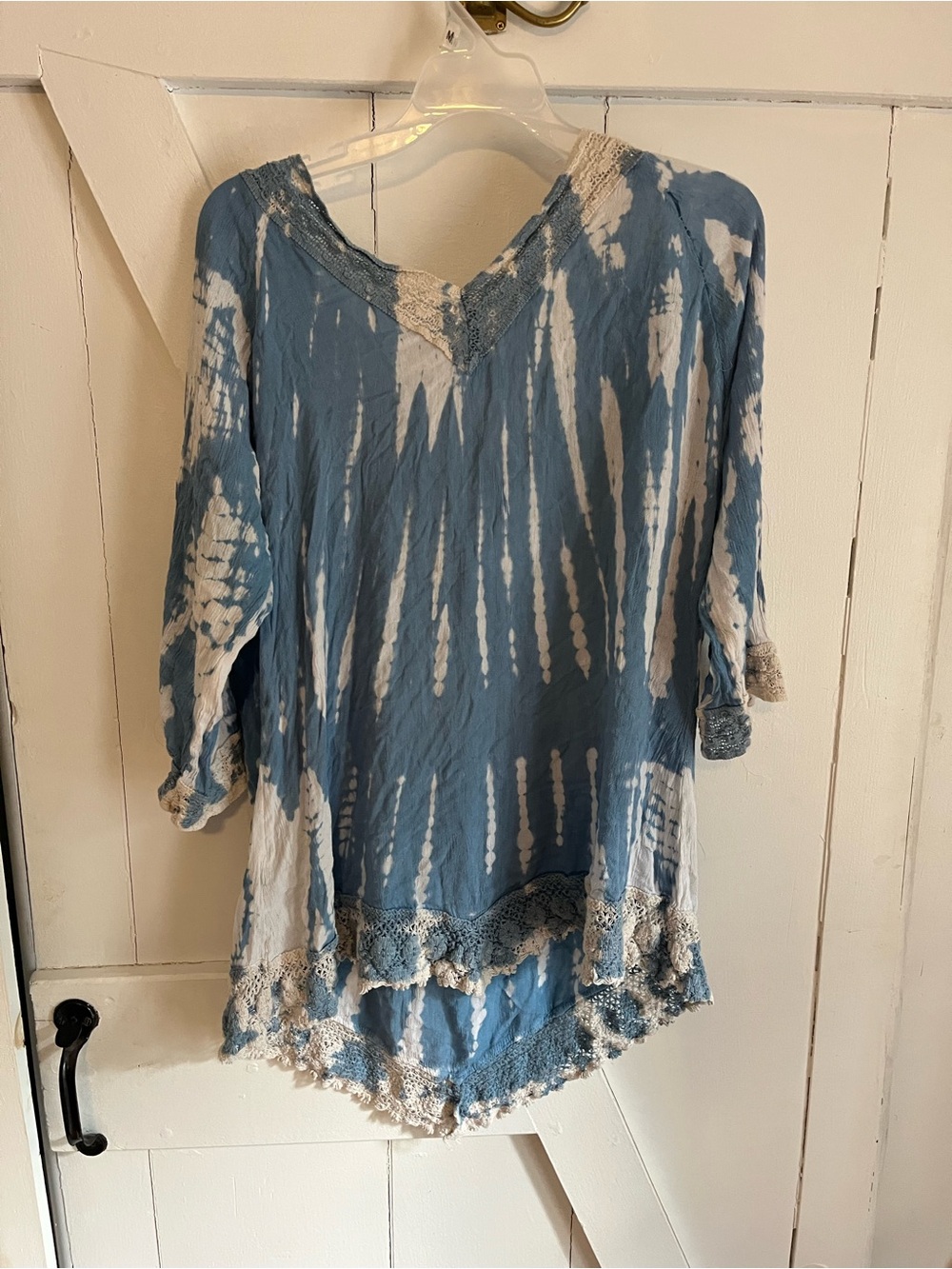 Blue and White Tie-Dye Crochet Trim swim cover/ tunic